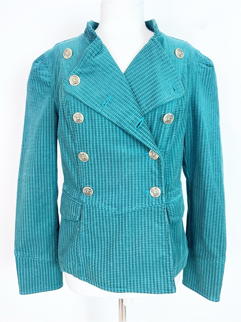CABI LENNON JACKET GREEN CORDUROY DOUBLE BREASTED GOLD BUTTONS BLAZER MEDIUM